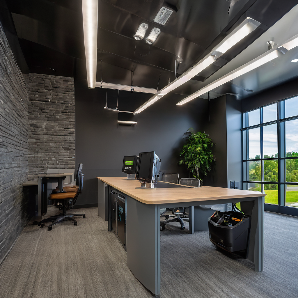 Professional office workspace showcasing electrical service business and EV charger installation setup